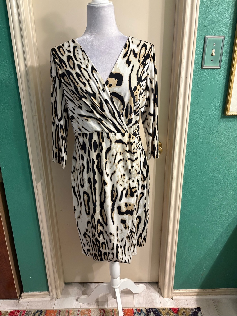 Tahari ASL Animal Print Faux-Wrap Dress in Black & Cream